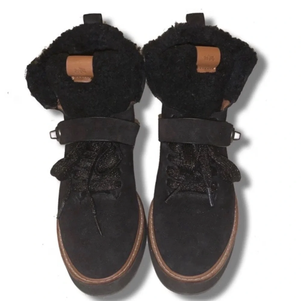 COACH G1354 Urban Hiker Shearling Suede Platform Ankle Boots Black 8.5